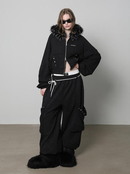 ANYQUESTION Charcoal Washed Studded Detachable Fur Hooded Zip Women&