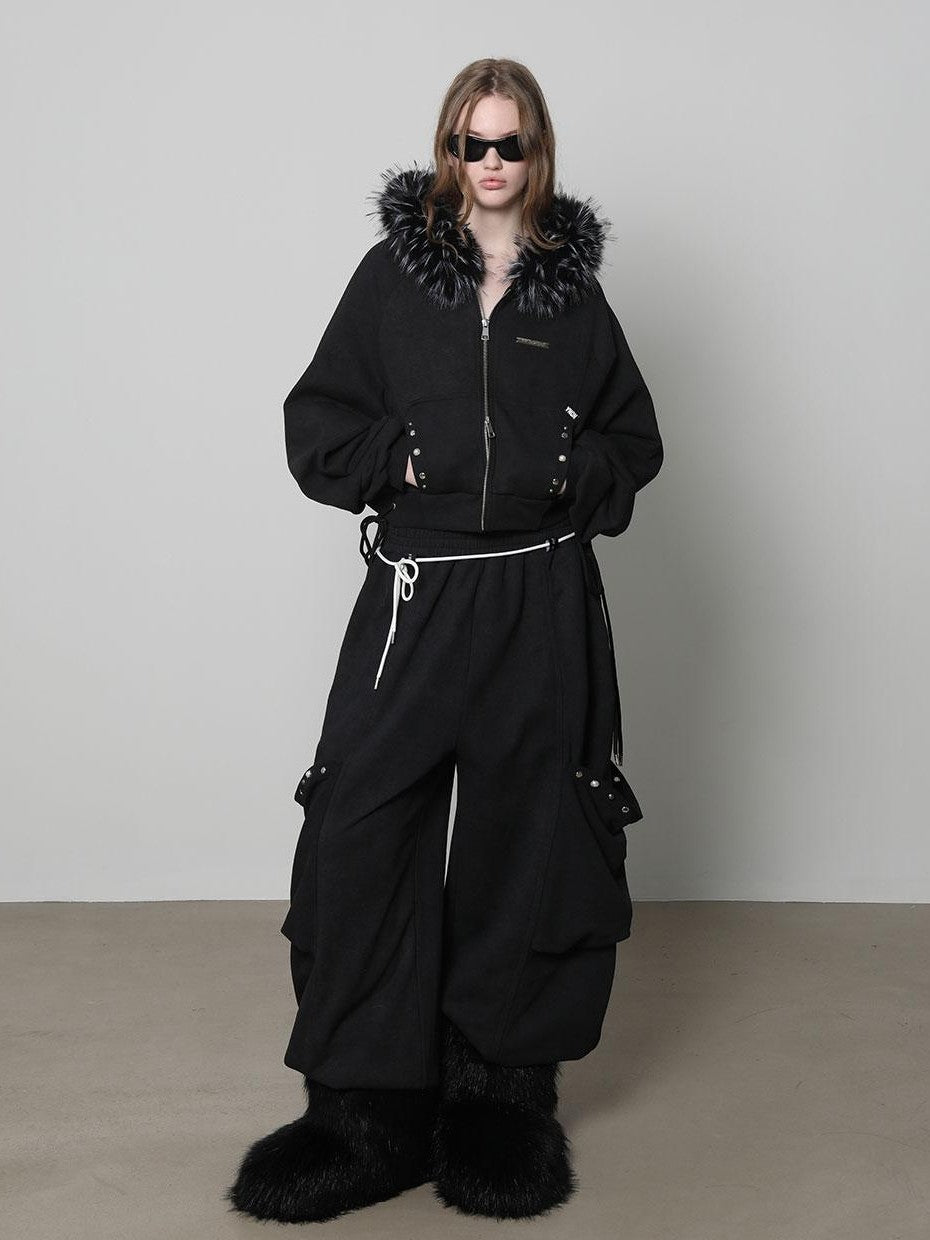 ANYQUESTION Charcoal Washed Studded Detachable Fur Hooded Zip Women&
