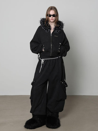 ANYQUESTION Charcoal Washed Studded Detachable Fur Hooded Zip Women&