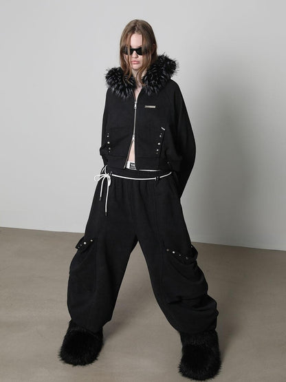 ANYQUESTION Charcoal Washed Studded Detachable Fur Hooded Zip Women&