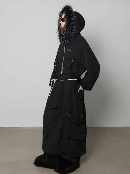 ANYQUESTION Charcoal Washed Studded Detachable Fur Hooded Zip Women&