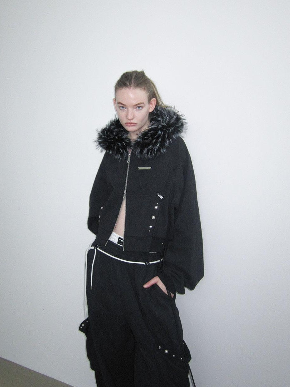 ANYQUESTION Charcoal Washed Studded Detachable Fur Hooded Zip Women&