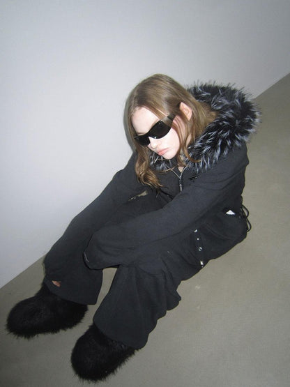 ANYQUESTION Charcoal Washed Studded Detachable Fur Hooded Zip Women&