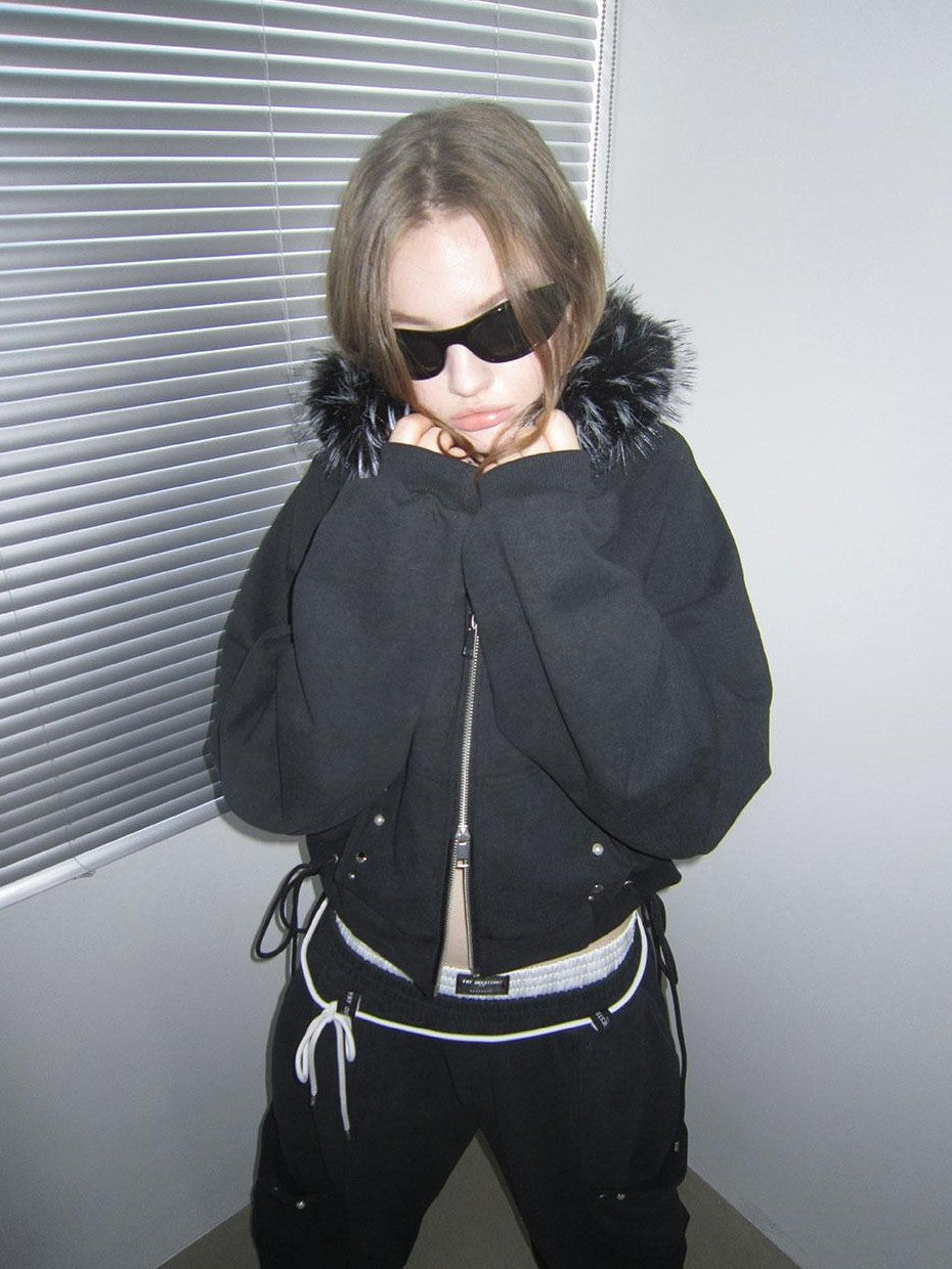 ANYQUESTION Charcoal Washed Studded Detachable Fur Hooded Zip Women&