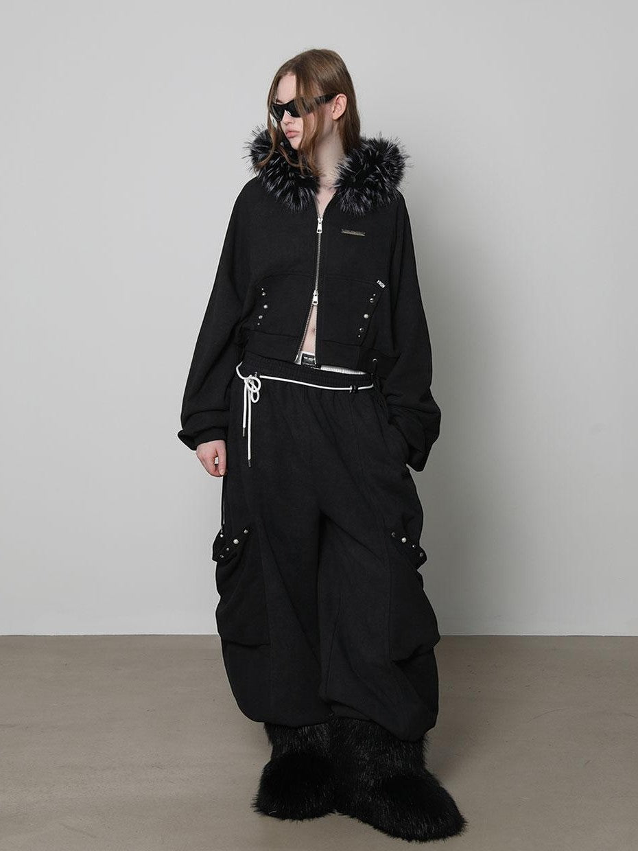 ANYQUESTION Charcoal Washed Studded Detachable Fur Hooded Zip Women&