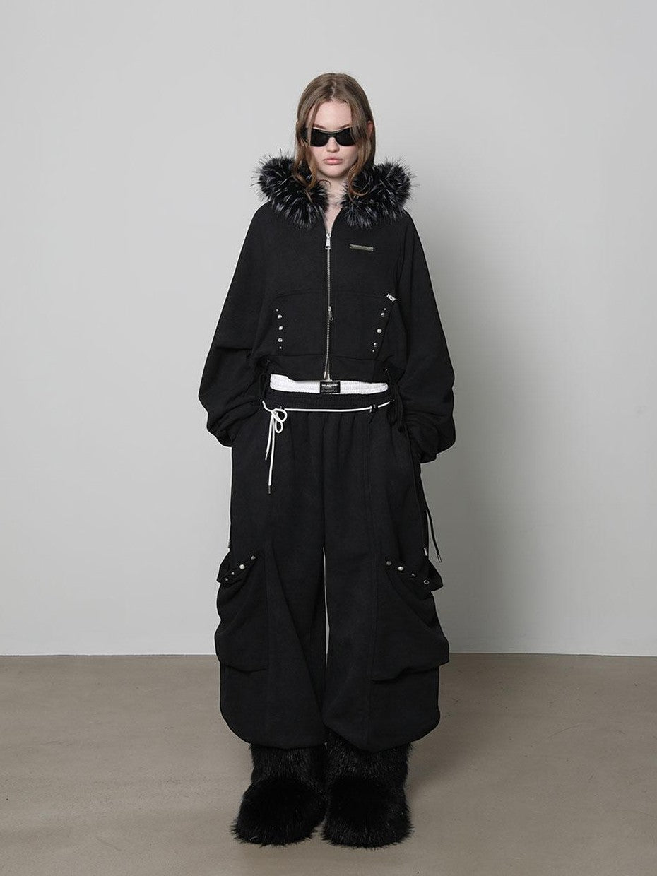 ANYQUESTION Charcoal Washed Studded Detachable Fur Hooded Zip Women&