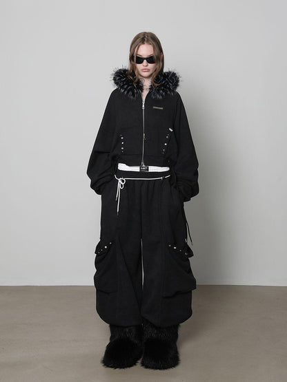 ANYQUESTION Charcoal Washed Studded Detachable Fur Hooded Zip Women&