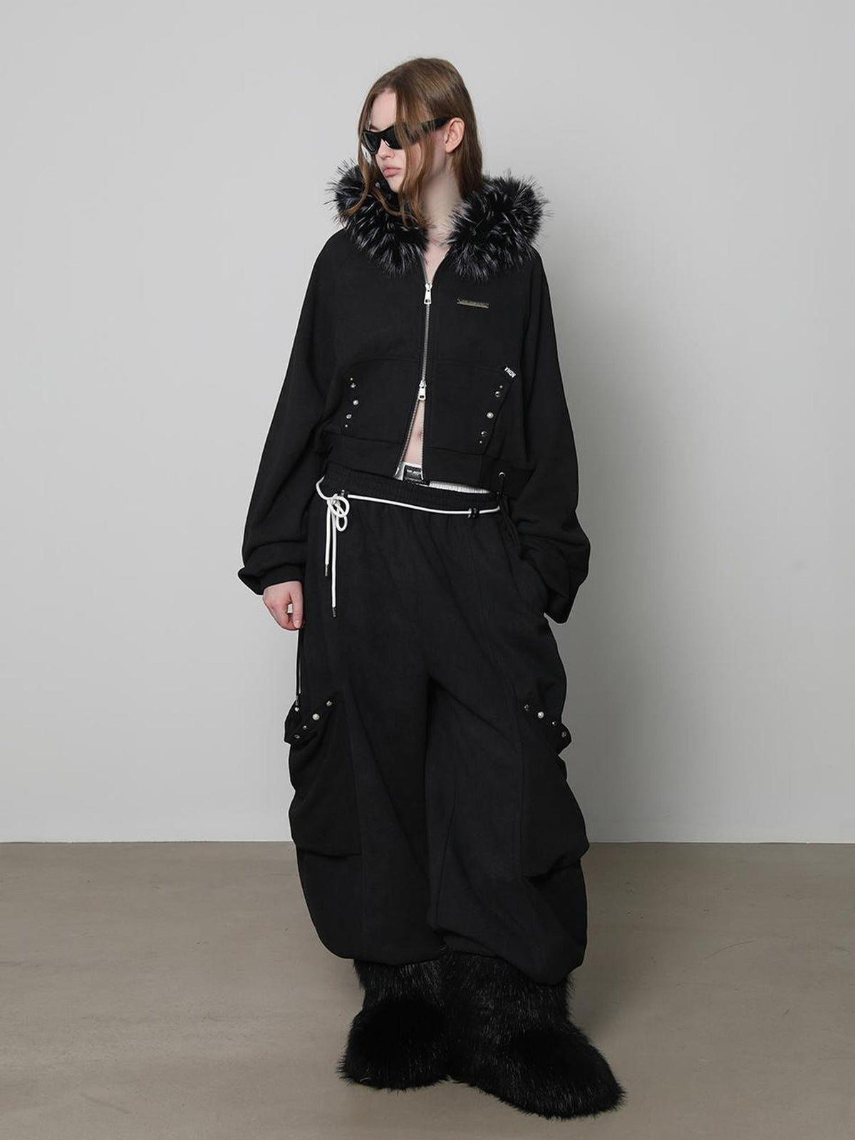 ANYQUESTION Charcoal Washed Studded Detachable Fur Hooded Zip Women&