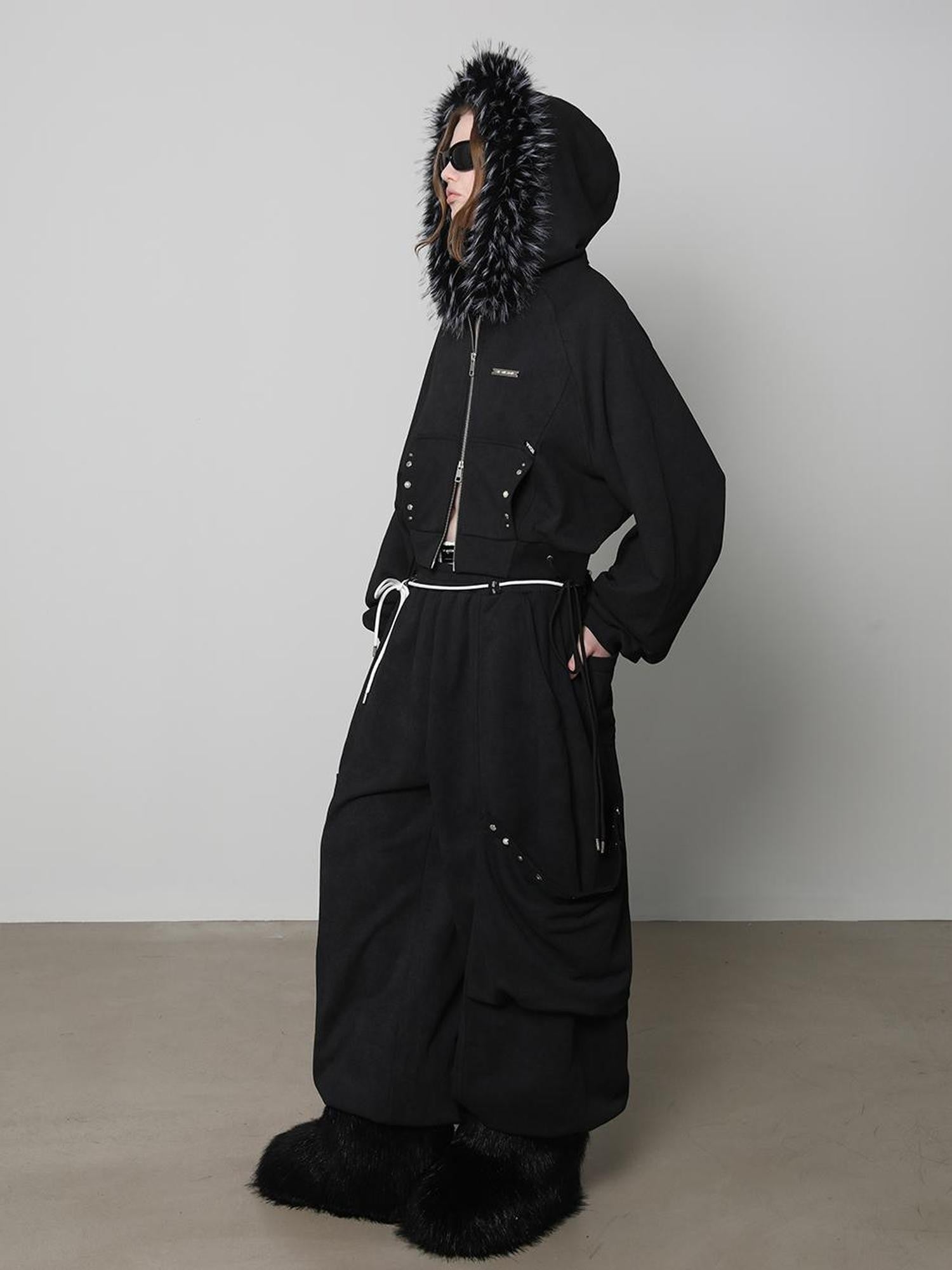 ANYQUESTION Charcoal Washed Studded Detachable Fur Hooded Zip Women&