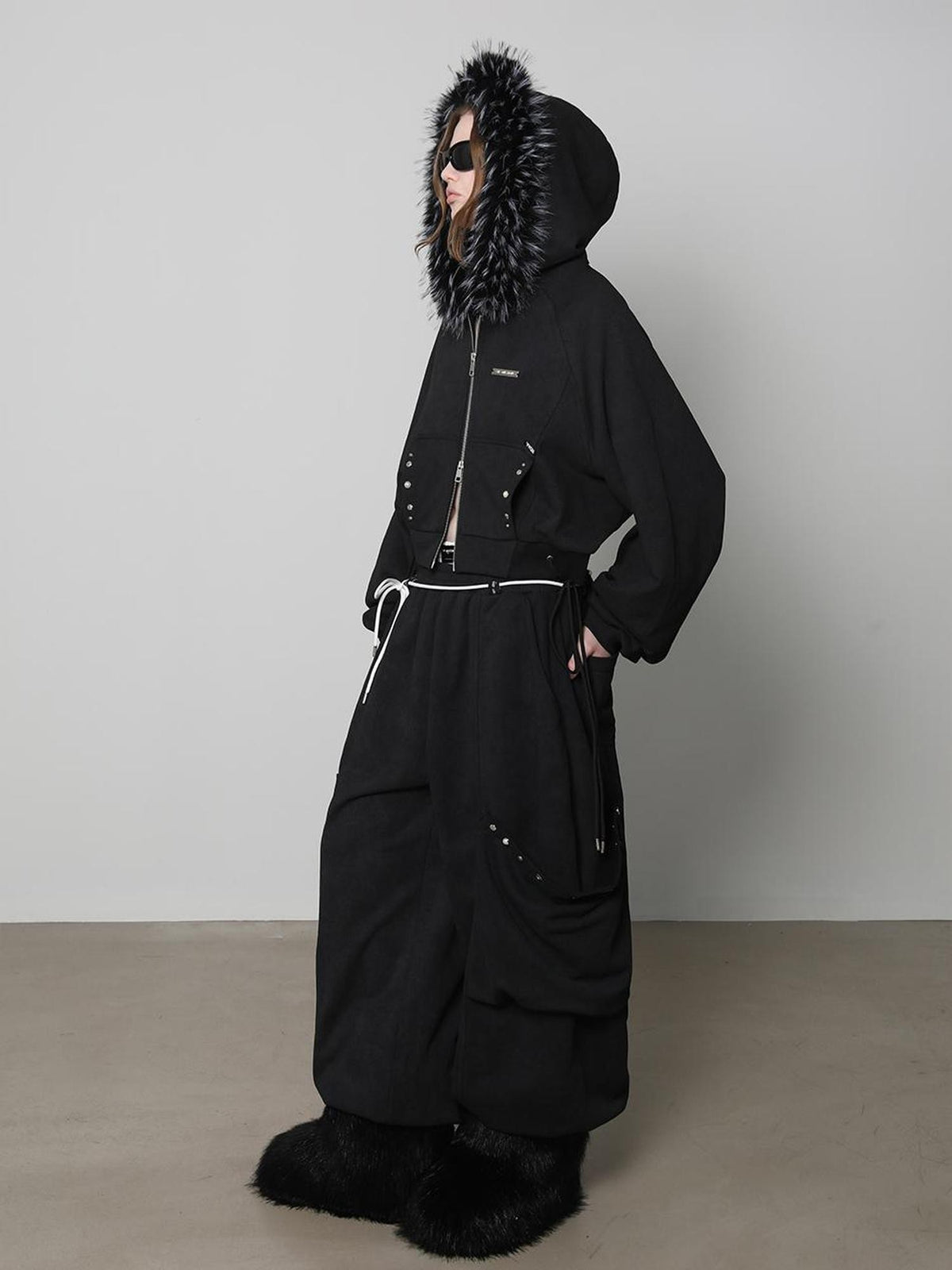 ANYQUESTION Charcoal Washed Studded Detachable Fur Hooded Zip Women&