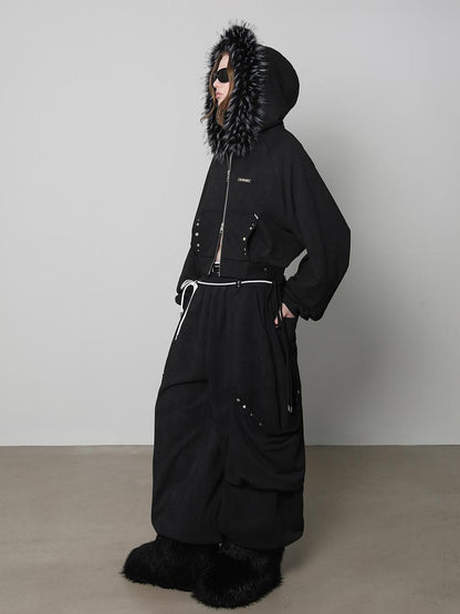 ANYQUESTION Charcoal Washed Studded Detachable Fur Hooded Zip Women&