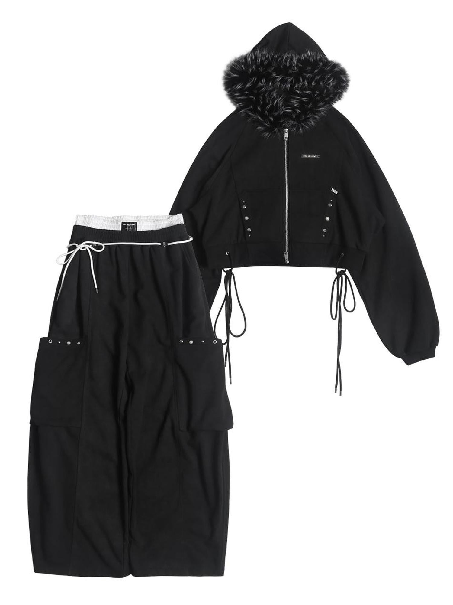 ANYQUESTION Charcoal Washed Studded Detachable Fur Hooded Zip Women&