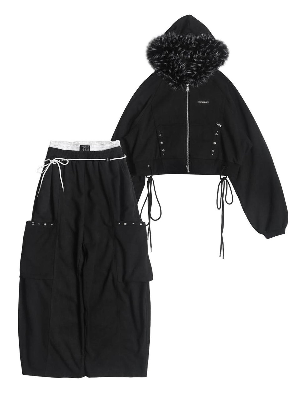 ANYQUESTION Charcoal Washed Studded Detachable Fur Hooded Zip Women&