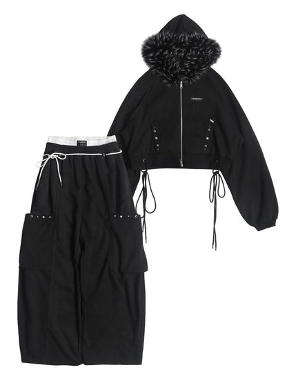 ANYQUESTION Charcoal Washed Studded Detachable Fur Hooded Zip Women&