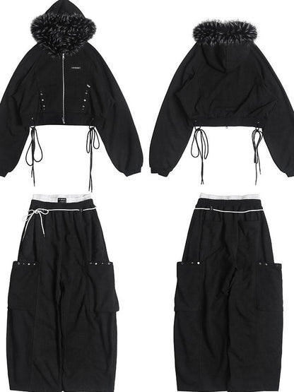 ANYQUESTION Charcoal Washed Studded Detachable Fur Hooded Zip Women&