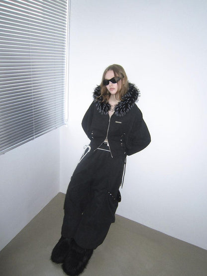 ANYQUESTION Charcoal Washed Studded Detachable Fur Hooded Zip Women&