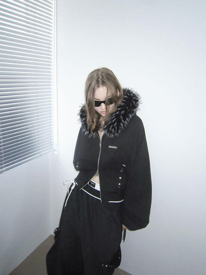 ANYQUESTION Charcoal Washed Studded Detachable Fur Hooded Zip Women&