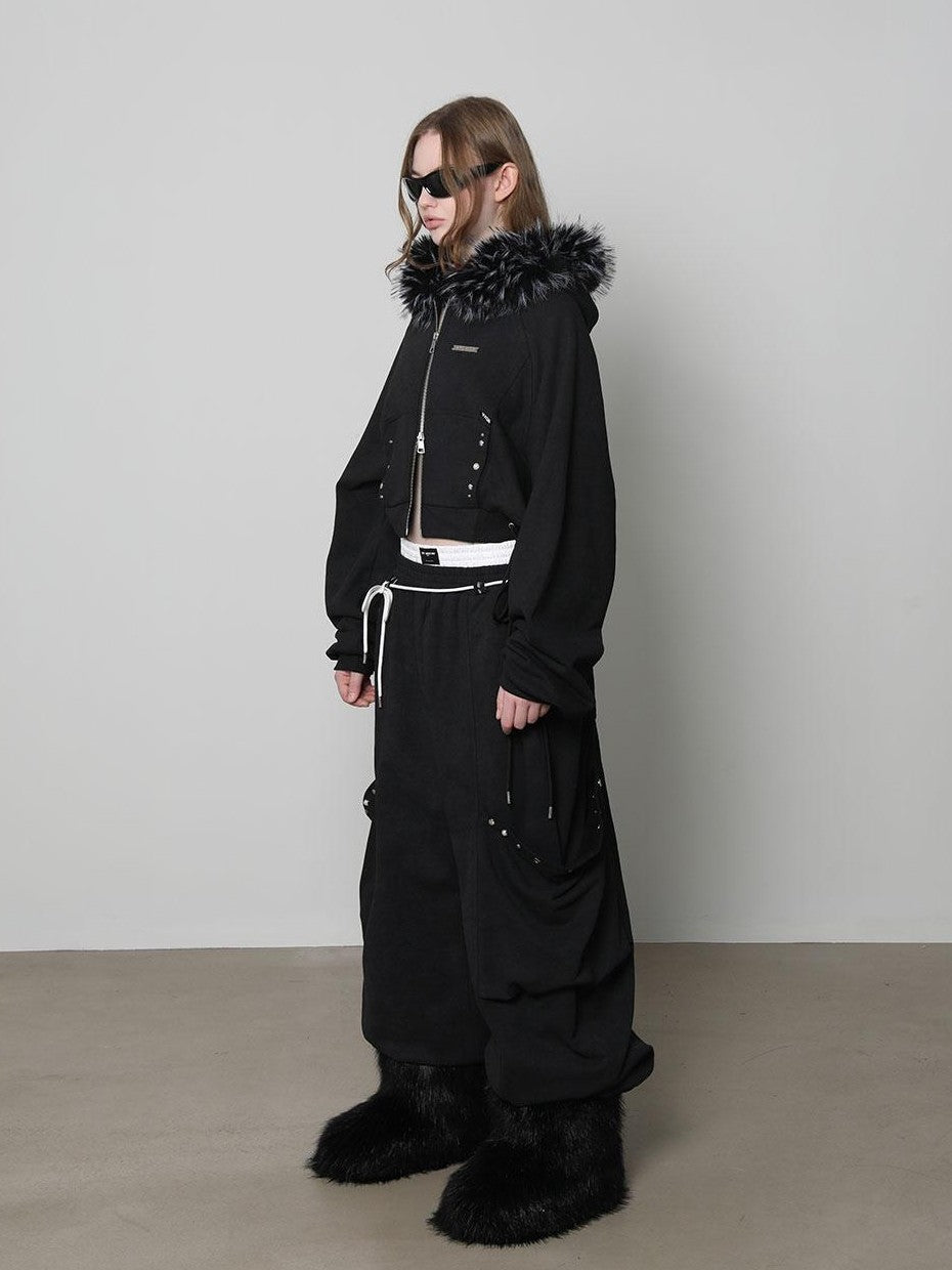 ANYQUESTION Charcoal Washed Studded Detachable Fur Hooded Zip Women&