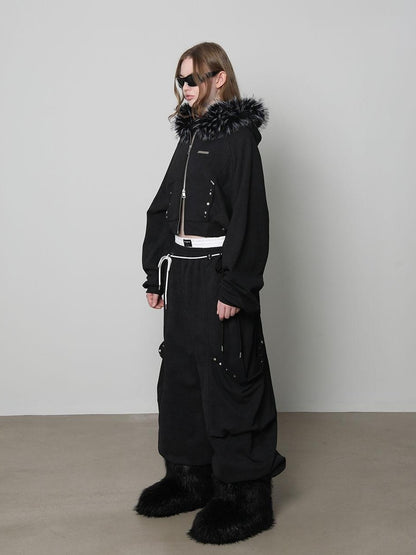 ANYQUESTION Charcoal Washed Studded Detachable Fur Hooded Zip Women&