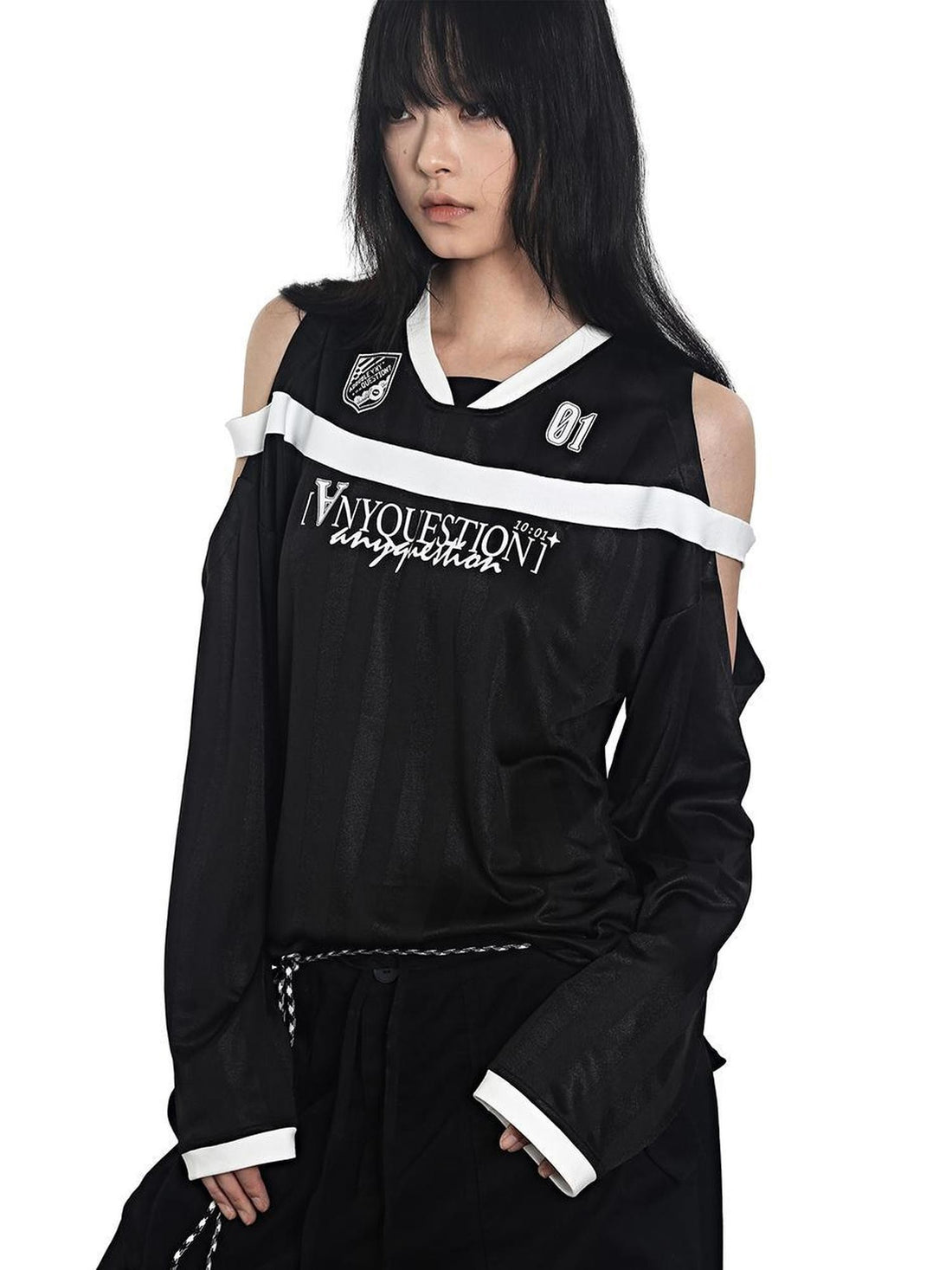 ANYQUESTION Color Block Off Shoulder Stripe Print Women&
