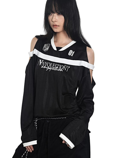 ANYQUESTION Color Block Off Shoulder Stripe Print Women&