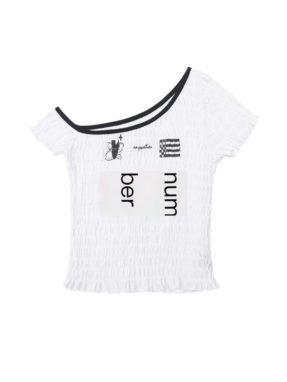 ANYQUESTION_Colorblock_Logo_Print_Asymmetrical_Shoulder_Ruched_Women&