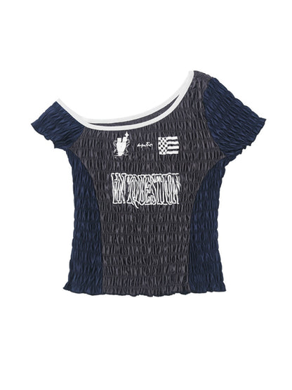 ANYQUESTION_Colorblock_Logo_Print_Asymmetrical_Shoulder_Ruched_Women&