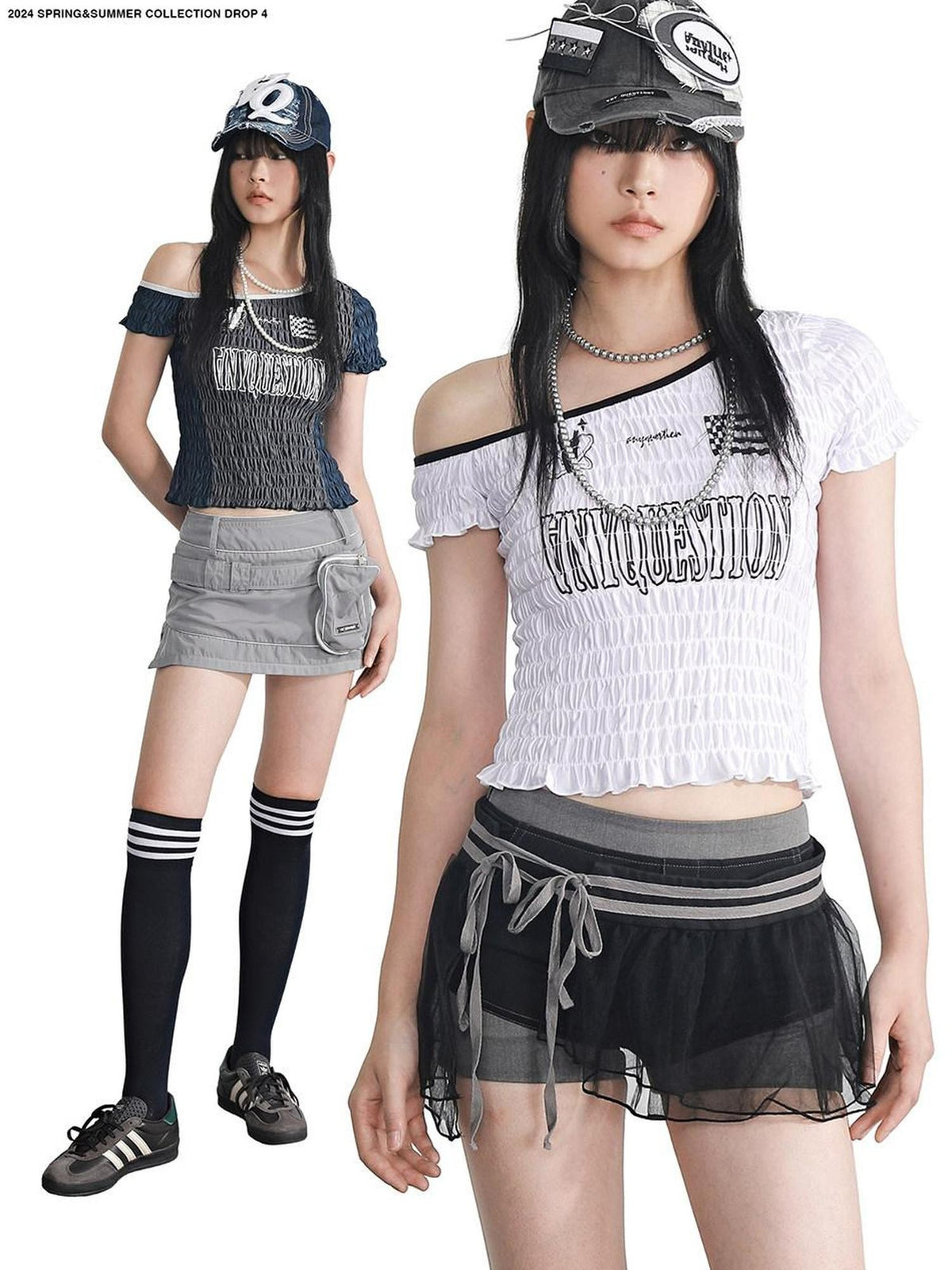 ANYQUESTION Colorblock Logo Print Asymmetrical Shoulder Ruched Women&