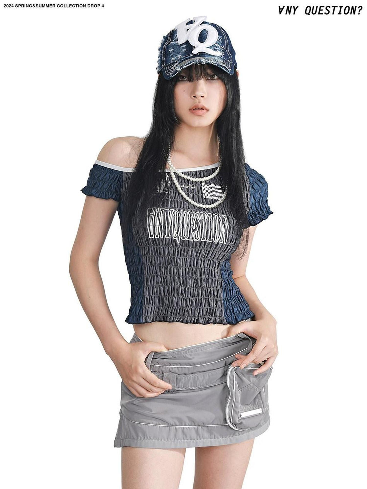 ANYQUESTION Colorblock Logo Print Asymmetrical Shoulder Ruched Women&