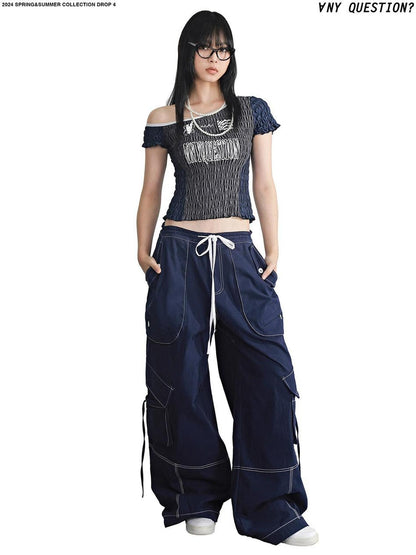 ANYQUESTION Colorblock Logo Print Asymmetrical Shoulder Ruched Women&