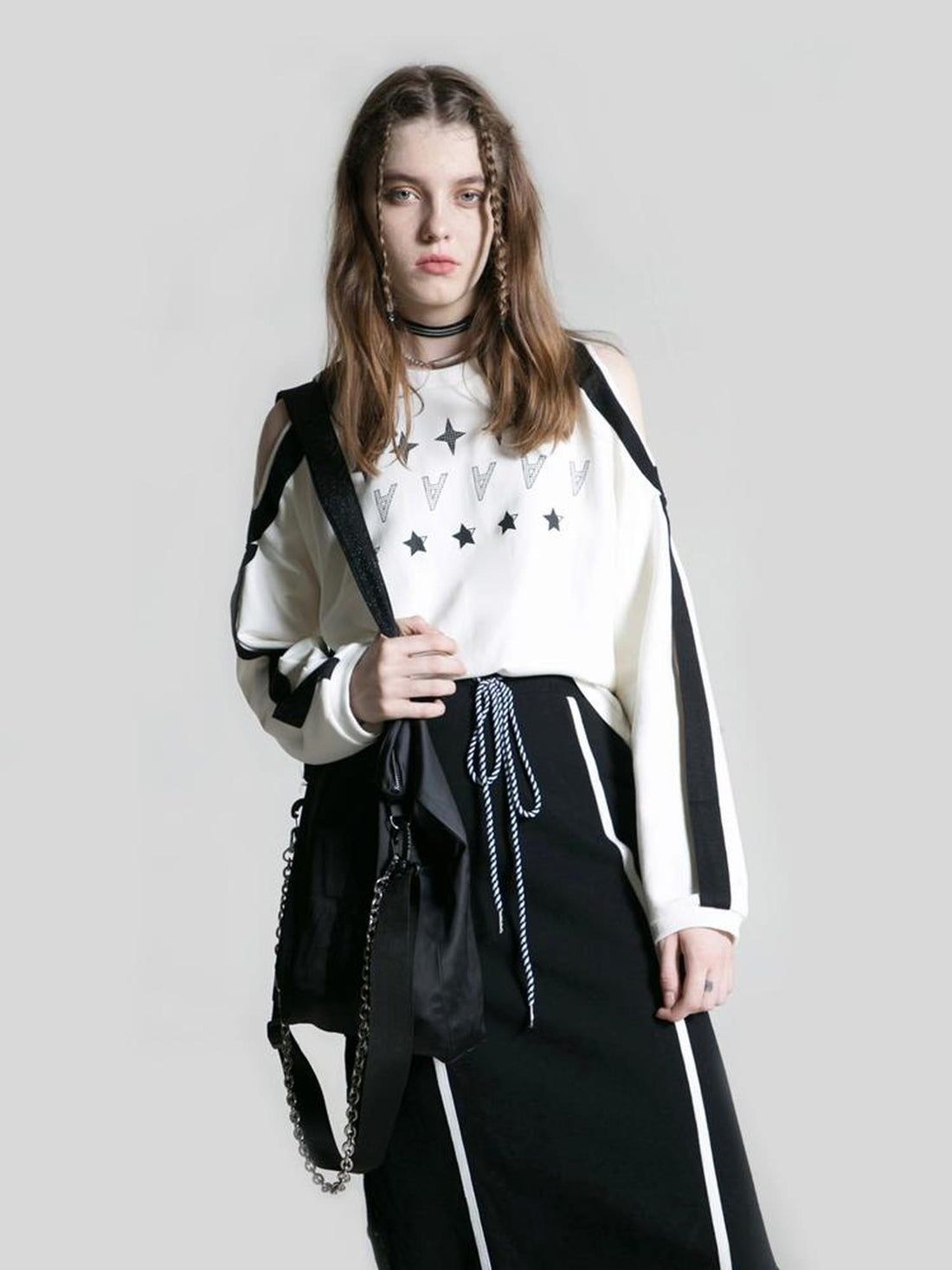 ANYQUESTION Contrast Print Ribbon Off Shoulder Women&