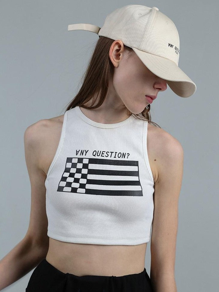 ANYQUESTION Cropped Printed Racerback Round Neck Slim Knit Women&