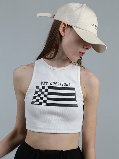 ANYQUESTION Cropped Printed Racerback Round Neck Slim Knit Women&