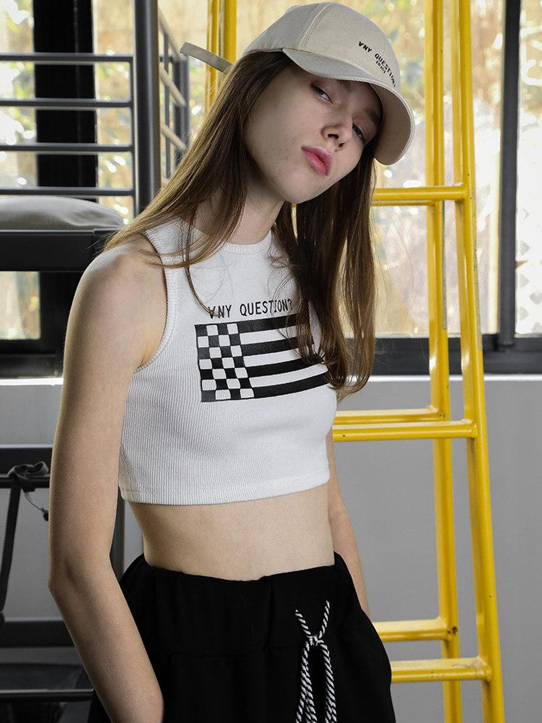 ANYQUESTION Cropped Printed Racerback Round Neck Slim Knit Women&