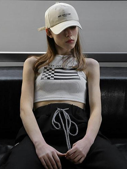 ANYQUESTION Cropped Printed Racerback Round Neck Slim Knit Women&