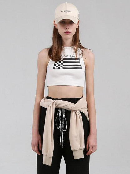 ANYQUESTION Cropped Printed Racerback Round Neck Slim Knit Women&
