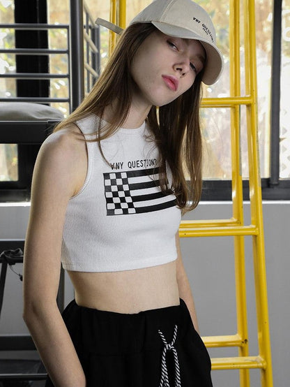 ANYQUESTION Cropped Printed Racerback Round Neck Slim Knit Women&
