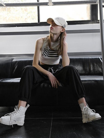 ANYQUESTION Cropped Printed Racerback Round Neck Slim Knit Women&