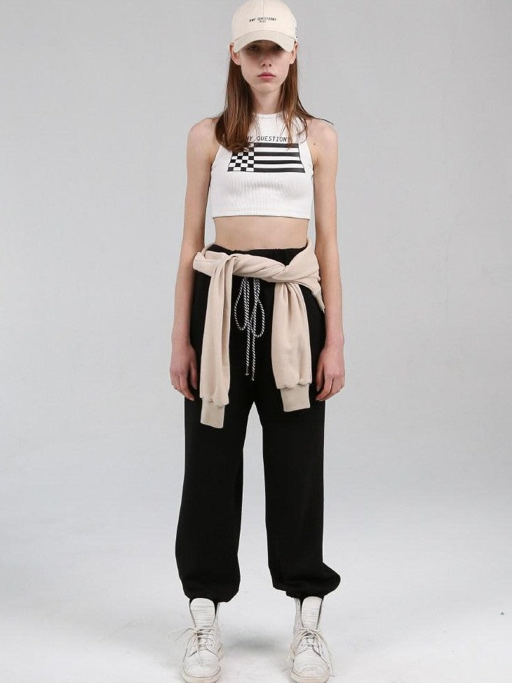 ANYQUESTION Cropped Printed Racerback Round Neck Slim Knit Women&