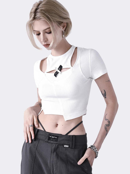 ANYQUESTION Cutout Asymmetrical Ribbed Cross Faux Layered Women&