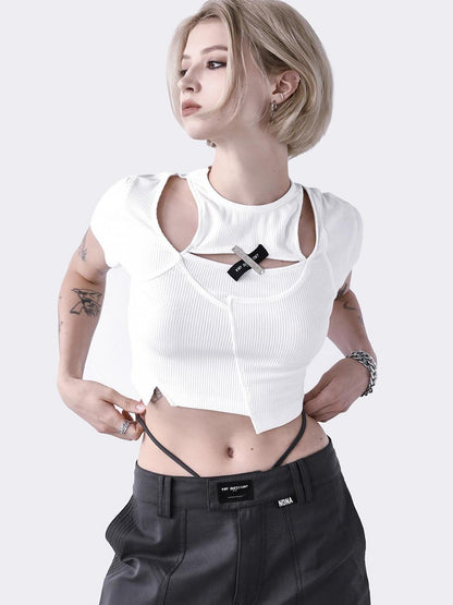 ANYQUESTION Cutout Asymmetrical Ribbed Cross Faux Layered Women&