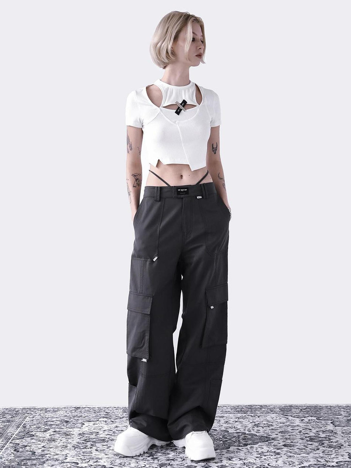 ANYQUESTION Cutout Asymmetrical Ribbed Cross Faux Layered Women&