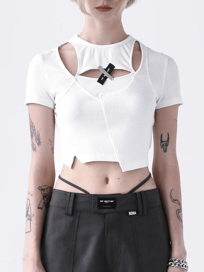 ANYQUESTION Cutout Asymmetrical Ribbed Cross Faux Layered Women&