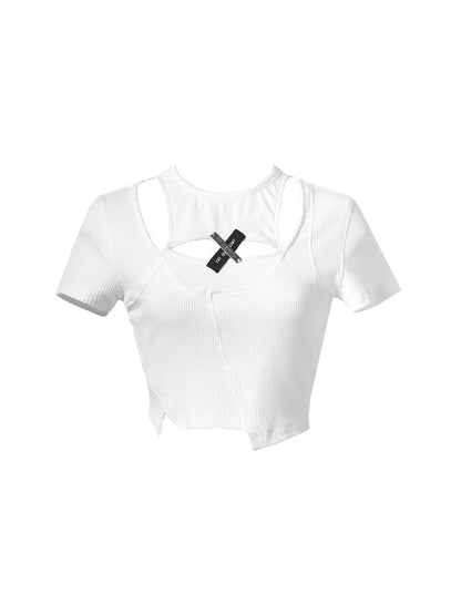 ANYQUESTION Cutout Asymmetrical Ribbed Cross Faux Layered Women&