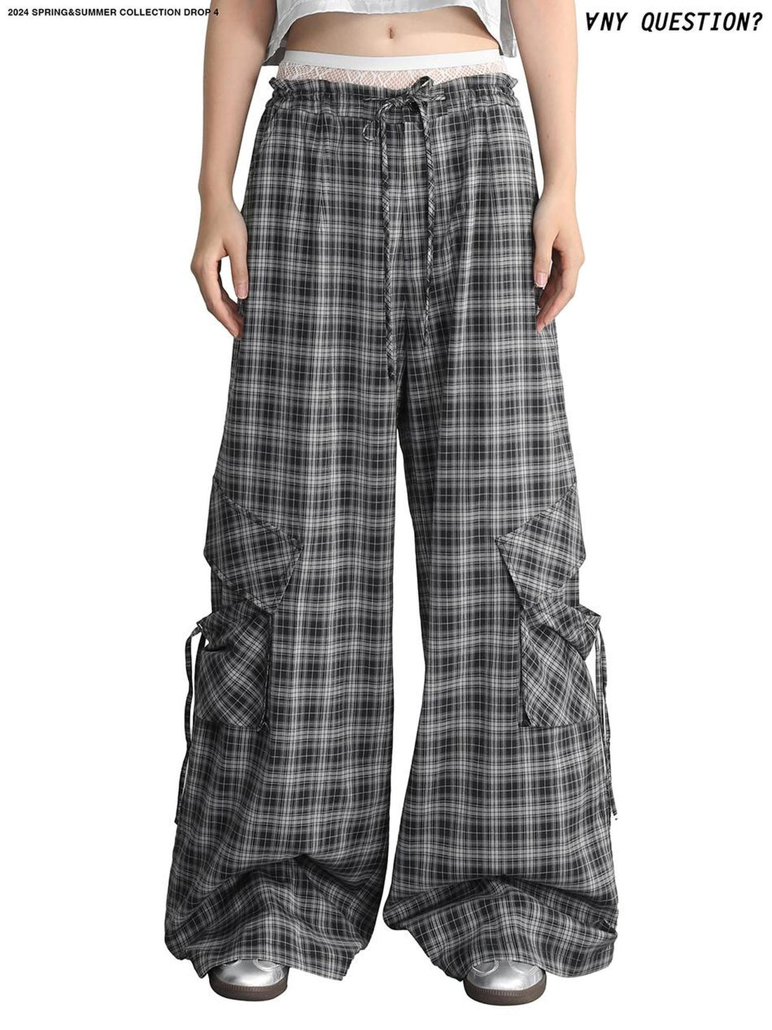 ANYQUESTION Dark Gray Plaid Low Rise Drawstring Women&
