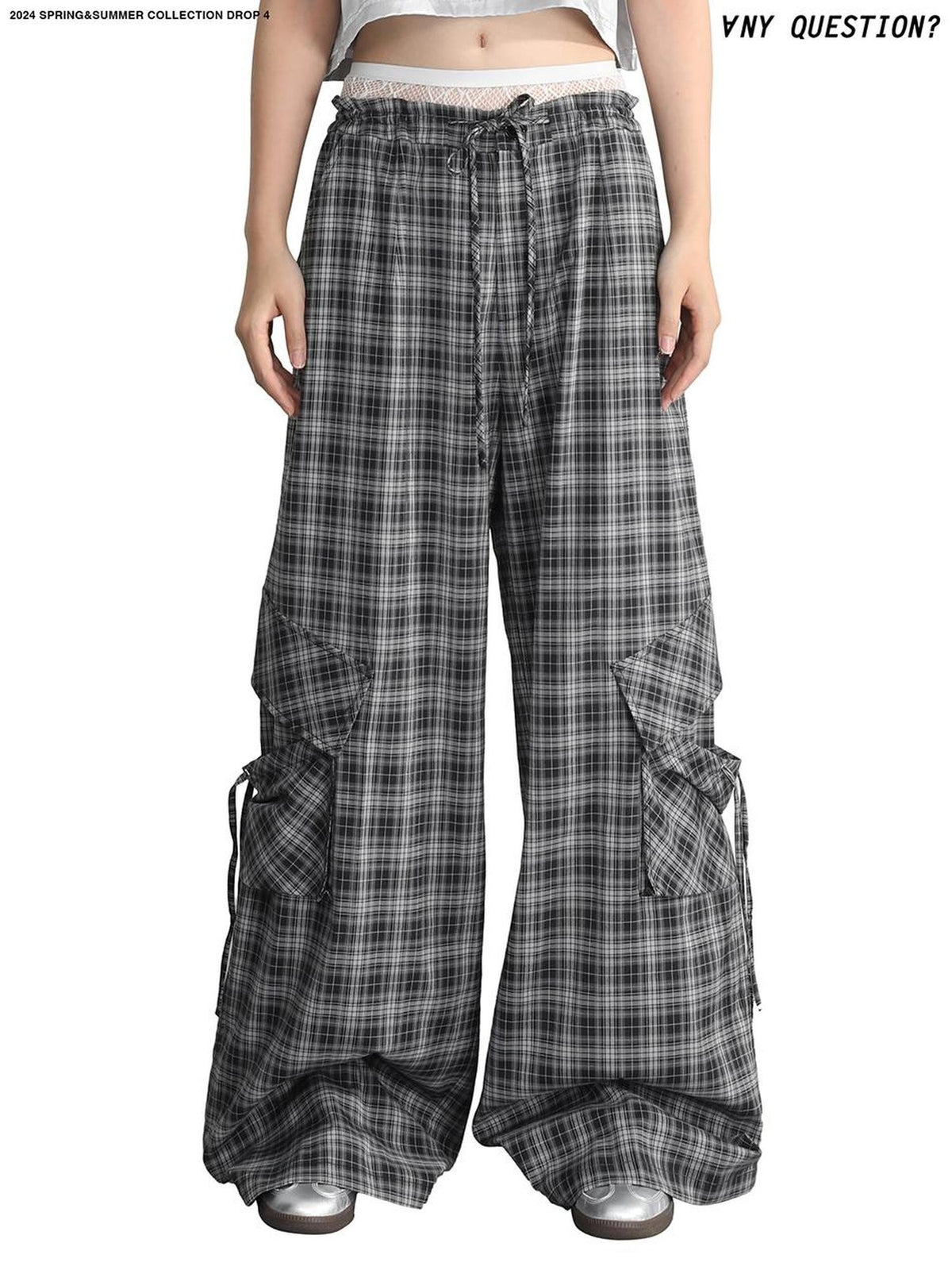 ANYQUESTION Dark Gray Plaid Low Rise Drawstring Women&