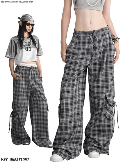 ANYQUESTION Dark Gray Plaid Low Rise Drawstring Women&