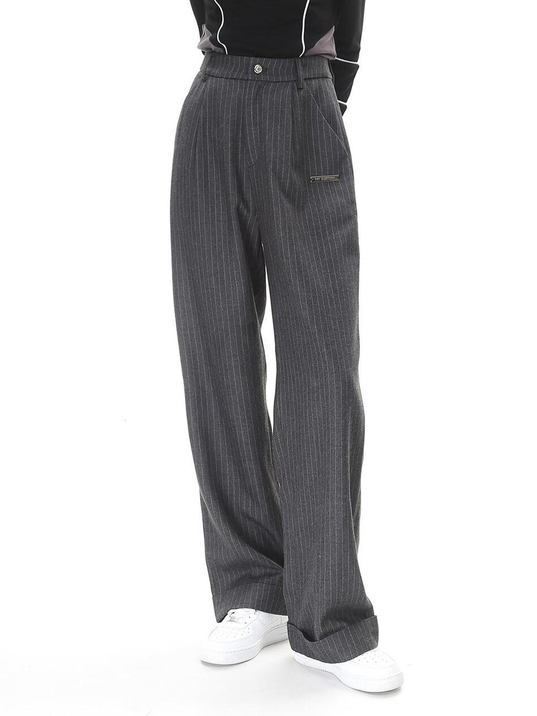 ANYQUESTION Dark Gray Striped High Waist Folded Hem Straight Women&