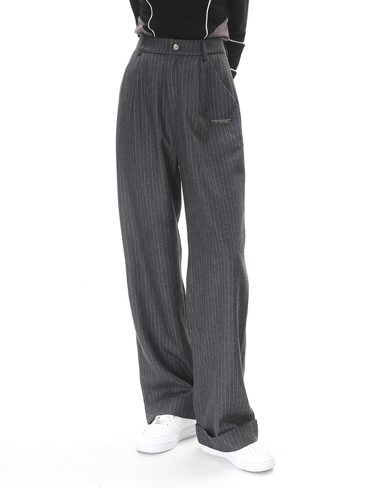 ANYQUESTION Dark Gray Striped High Waist Folded Hem Straight Women&
