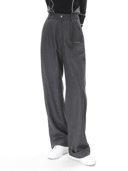 ANYQUESTION Dark Gray Striped High Waist Folded Hem Straight Women&